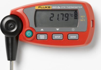 Especificaciones técnicas Termómetros/Plantilla de termómetros de contacto Rango de temperatura de la sonda aceptado 160 °C (320 °F) Atributos generales del equipo de prueba Características únicas Una característica única del producto son las flechas indicadoras de tendencia. Puede configurar las flechas para mostrar cuándo las mediciones son lo suficientemente estables para registrar un resultado Información adicional/Comentarios Cumplimiento de EMC: EN61326:2006 Anexo C; CISPR II Edición 5.0-2009; Clase "B Aprobación de seguridad CSA E/S de interfaces Otros, RS-232 Almacenamiento Compact Flash, Disco Duro, Micro SD, Tarjeta SD Clasificación IP IP50 Peso del producto 6.9 ONZAS (0.431 LIBRAS) Altura del producto 25 MM (0,984 PULGADAS) Longitud del producto 114 MM (4,49 PULGADAS) Ancho del producto 57 MM (2,24 PULGADAS) Registro de datos Sí Número HTS/Schedule B 9025.19.8085 Número ECCN EAR99 Calibración incluida Calibración del NIST Tipo de batería AAA, Otros País de origen China Otra información Lectura del termómetro Fluke 1551A-12 1551A Ex "Stik"